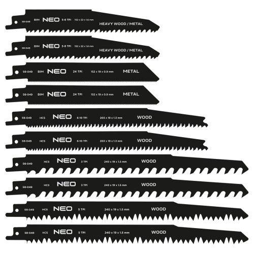 Brzeszczoty do piły szablastej NEO TOOLS HCS/BIM zestaw 10 szt.