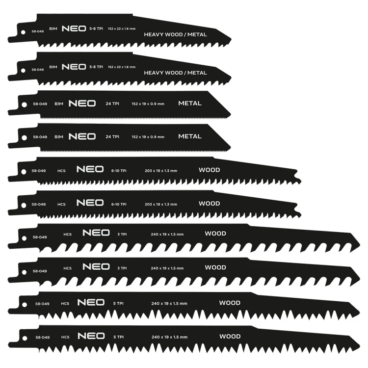 Brzeszczoty do piły szablastej NEO TOOLS HCS/BIM zestaw 10 szt.