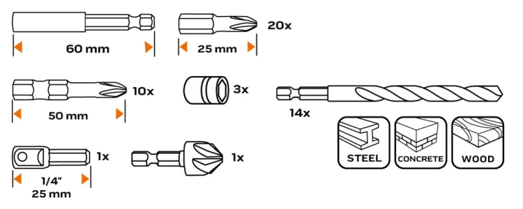 Wiertła i bity NEO TOOLS zestaw 50 el.