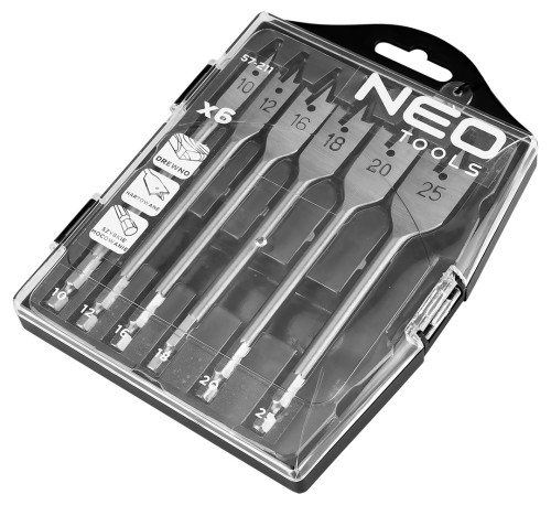 Wiertła do drewna łopatkowe NEO TOOLS 10,12,16,18,20,25mm, zestaw 6 szt.
