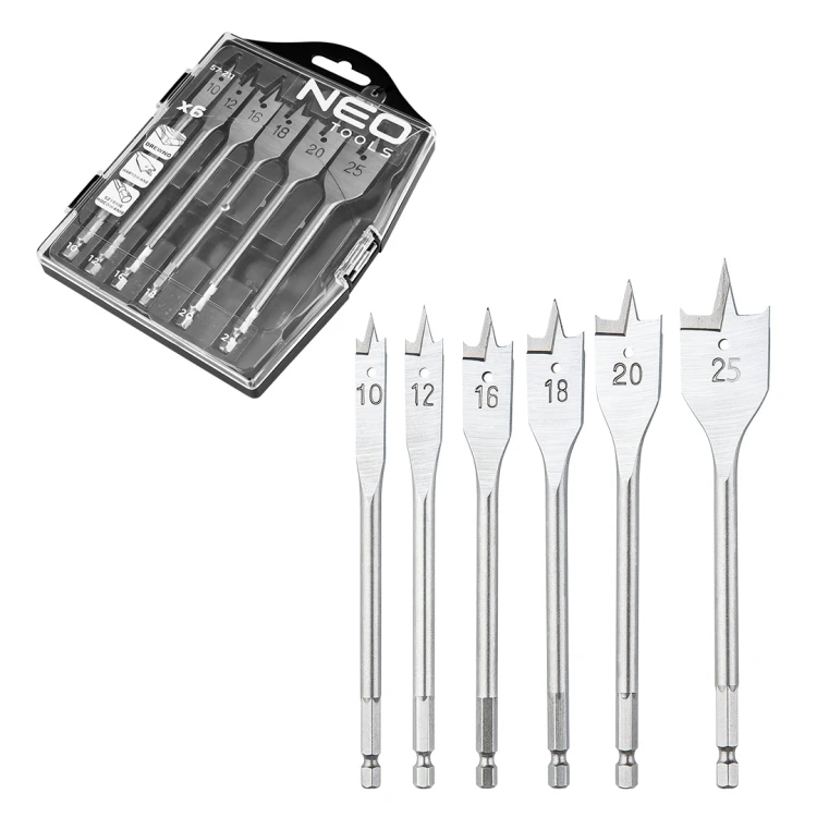 Wiertła do drewna łopatkowe NEO TOOLS 10,12,16,18,20,25mm, zestaw 6 szt.