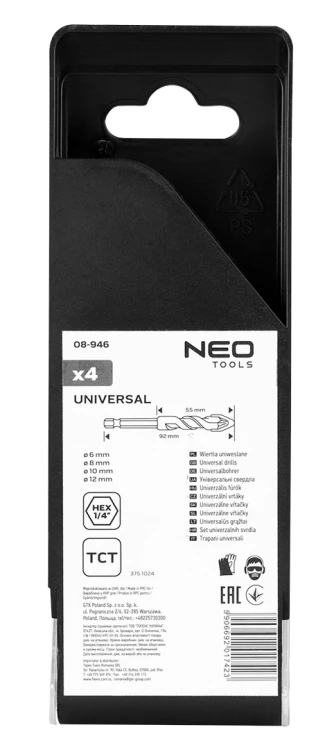 Wiertła uniwersalne NEO TOOLS HEX 1/4" zestaw 4 szt. 6,8,10,12 mm