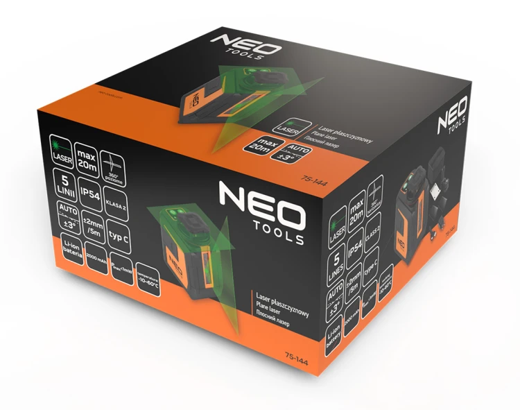 Laser płaszczyznowy neo tools 20 m. 5 linii zielony etui magnetyczny uchwyt