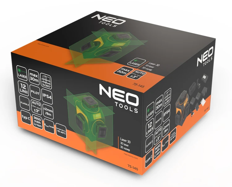 Laser 3D NEO TOOLS 12 linii zielony etui magnetyczny uchwyt