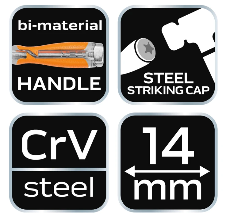 Dłuto do drewna NEO TOOLS 14 mm CrV, uchwyt dwukomponentowy