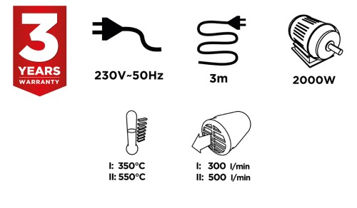 Opalarka 2000W GRAPHITE zakres temperatur I - 350C II - 550C uchwyt prosty