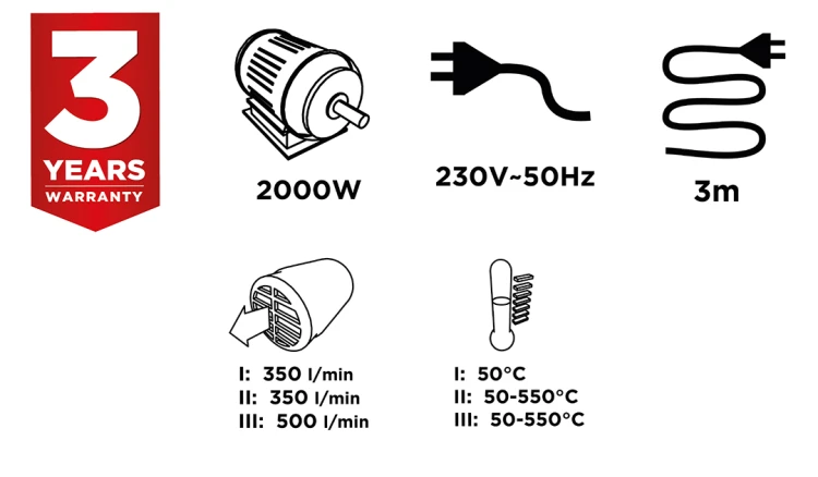 Opalarka 2000W GRAPHITE trzy biegi zakres temperatur 50C-550C walizka