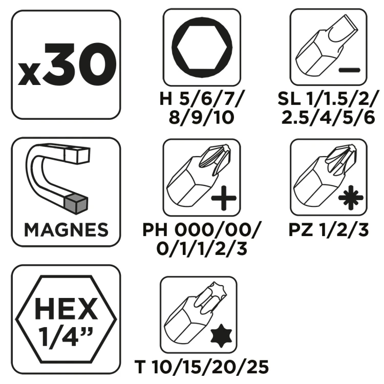 Zestaw bitów i bitów precyzyjnych 5902062119858 z uchwytem magnetycznym z grzechotką 115 mm, 30 szt.