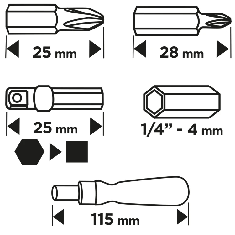 Zestaw bitów i bitów precyzyjnych 5902062119858 z uchwytem magnetycznym z grzechotką 115 mm, 30 szt.