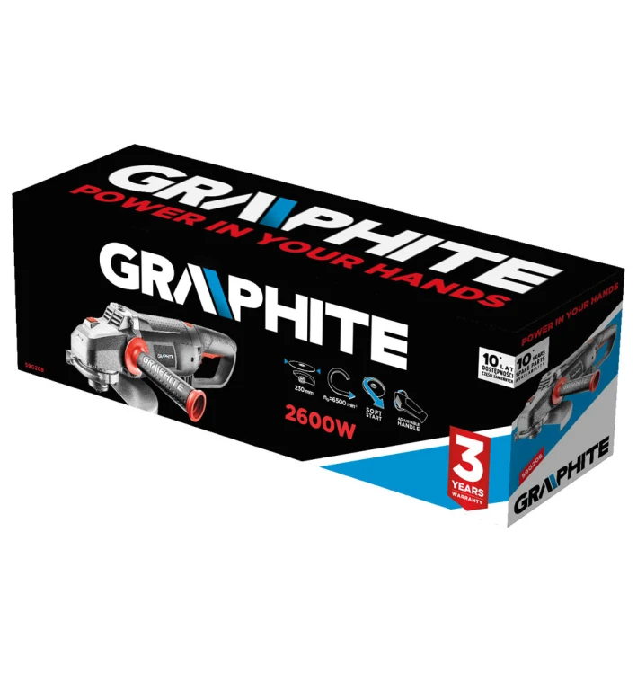 Szlifierka kątowa GRAPHITE 2600W, tarcza 230 x 22.2 mm, obroty 6500 min⁻¹