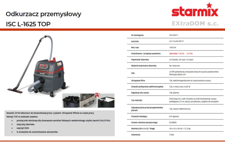 Odkurzacz przemysłowy Starmix ISC ARD L-1625 TOP EWS + dodatkowe worki