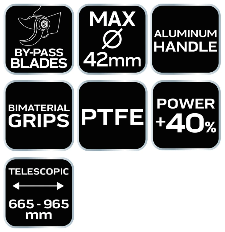 Sekator do gałęzi by-pass 665 mm NEO TOOLS  zakres do 42 mm, przekładnia, teleskopowe uchwyty
