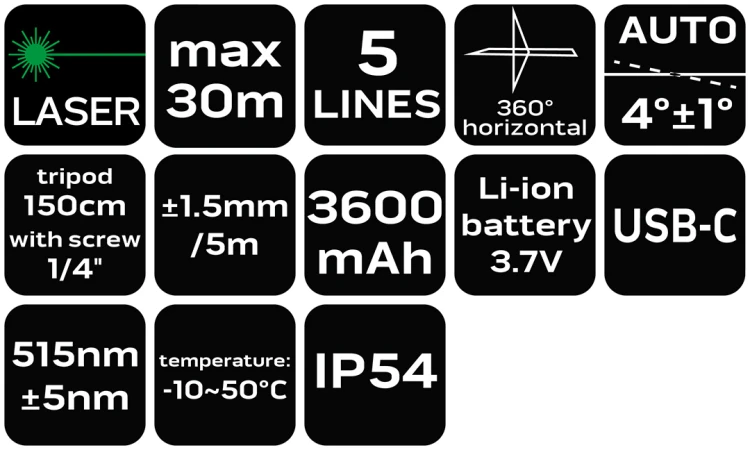 Laser płaszczyznowy NEO TOOLS 30 m, 5 linii, 360 w poziomie, z etui i statywem 1.5 m