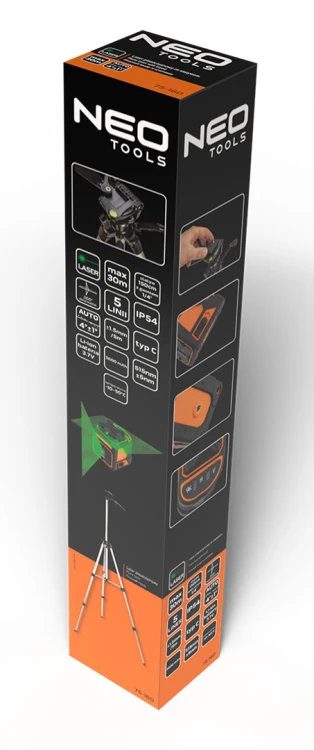 Laser płaszczyznowy NEO TOOLS 30 m, 5 linii, 360 w poziomie, z etui i statywem 1.5 m