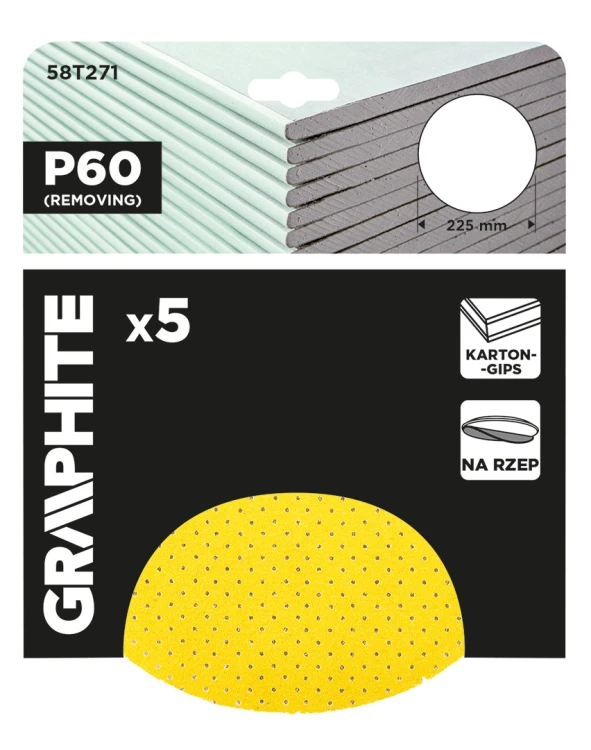 Krążki ścierne GRAPHITE perforowane na rzep z otworami 225 mm P60 5 szt.