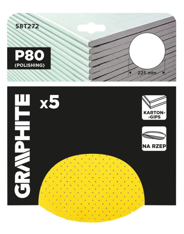 Krążki ścierne GRAPHITE perforowane na rzep z otworami 225 mm P80 5 szt.