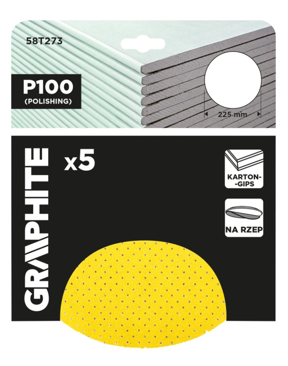 Krążki ścierne GRAPHITE perforowane na rzep z otworami 225 mm P100 5 szt.