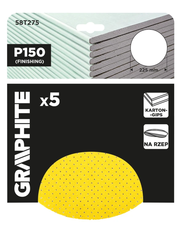 Krążki ścierne GRAPHITE perforowane na rzep z otworami 225 mm P150 5 szt.
