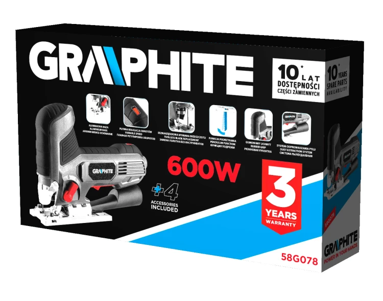 Wyrzynarka GRAPHITE 600W ilość suwów 800-3000 min-1 z uchwytem za korpus