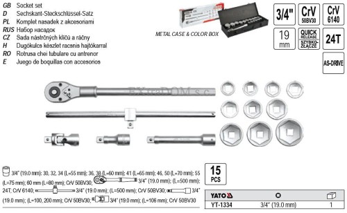 Klucze nasadowe Yato 3/4 zestaw 15 cz. - 1334
