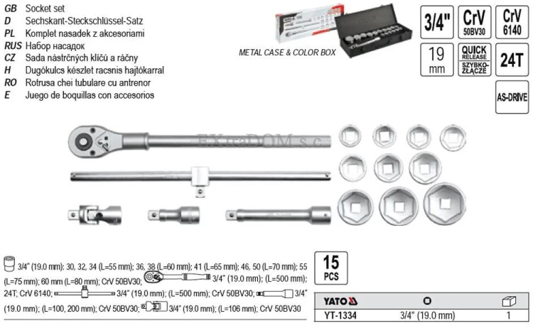 Klucze nasadowe Yato 3/4 zestaw 15 cz. - 1334