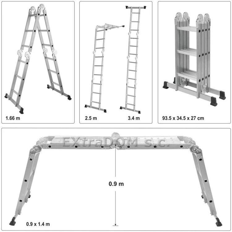 Wielofunkcyjna drabina aluminiowa 4x3 ,12 szczebli, długość do 3,4m Vorel
