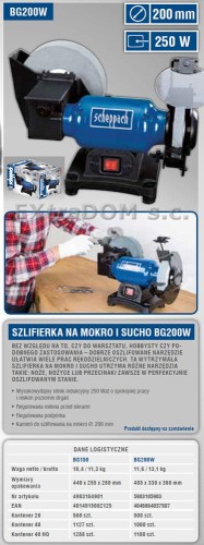 Szlifierka stołowa Scheppach 250W na mokro i na sucho BG200W