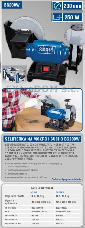 Szlifierka stołowa Scheppach 250W na mokro i na sucho BG200W
