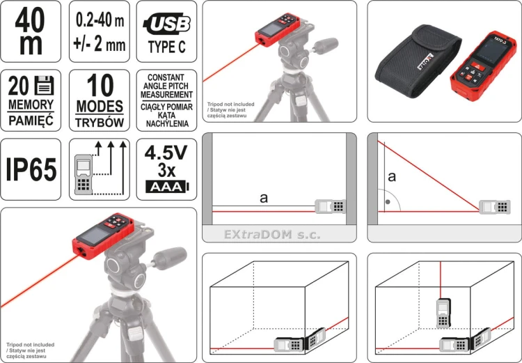Dalmierz laserowy Yato 40m / 2mm USB pokrowiec YT-73126