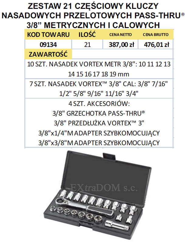 Klucze nasadowe przelotowe PASS-THRU 3/8” metryczne i calowe Sata kpl. 21 cz. 09134