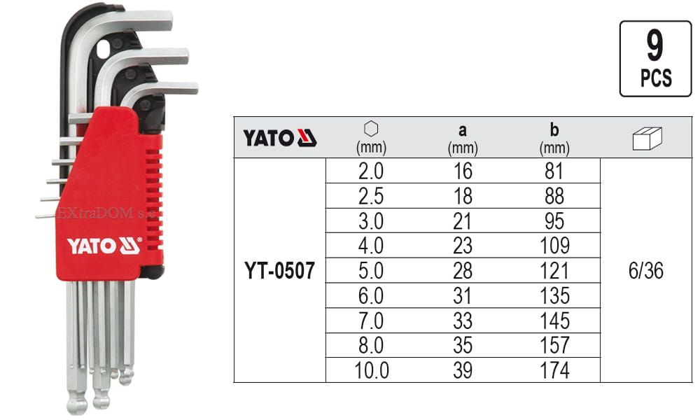 Klucze imbusowe Yato hex z kulką 9cz. 2-10mm Cr-V YT-0507