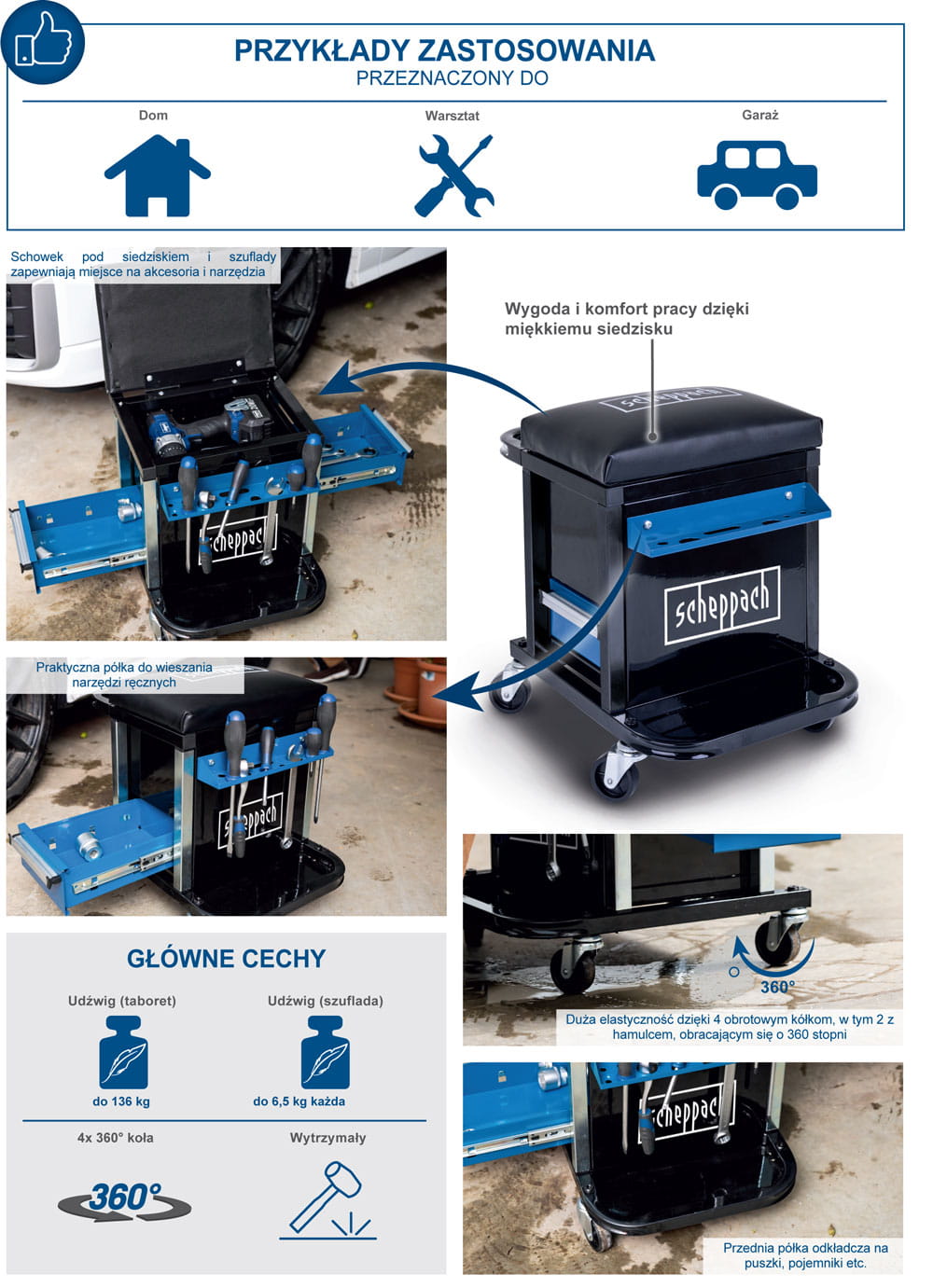 Taboret warsztatowy 2w1 siedzisko stołek szafka 2 szuflady TW900 SCHEPPACH