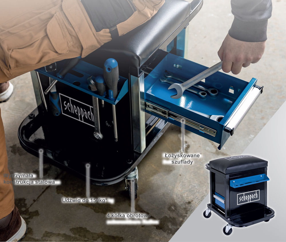 Taboret warsztatowy 2w1 siedzisko stołek szafka 2 szuflady TW900 SCHEPPACH