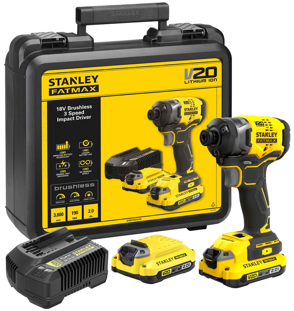 Bezszczotkowa 3-biegowa zakrętarka udarowa 18V STANLEY® FATMAX® V20 z dwoma akumulatorami litowo-jonowymi 2,0Ah i kufrem 