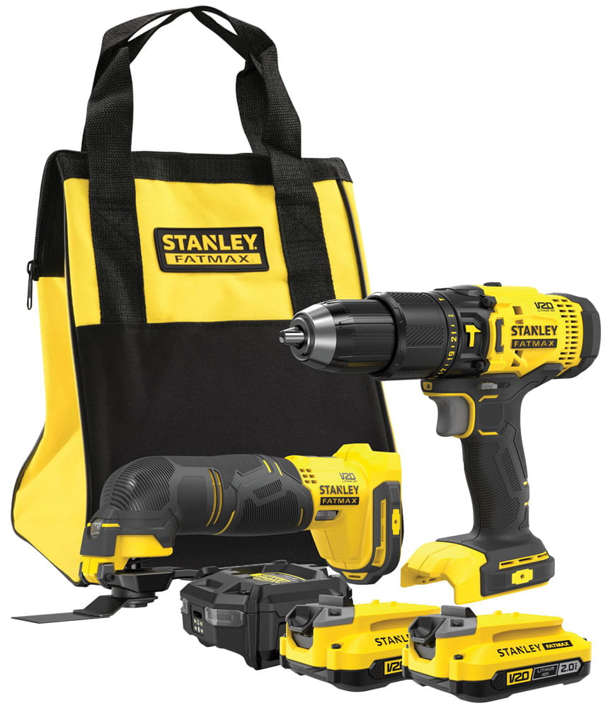 2-częściowy zestaw 18V STANLEY® FATMAX® V20, wiertarko-wkrętarka, narzędzie wielofunkcyjne, akumulator 2x2Ah, ładowarka i miękka torba 