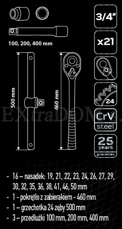 Zestaw narzędzi Neo Tools 21cz. klucze nasadowe 3/4'' 08-061