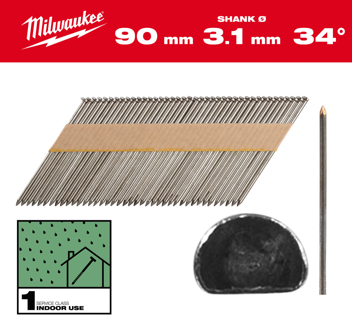 Gwoździe pierścieniowe Milwaukee długość 90mm, kąt 34°, głowa typu D 2200 szt. do gwoździarki M18 FFN 4932492598
