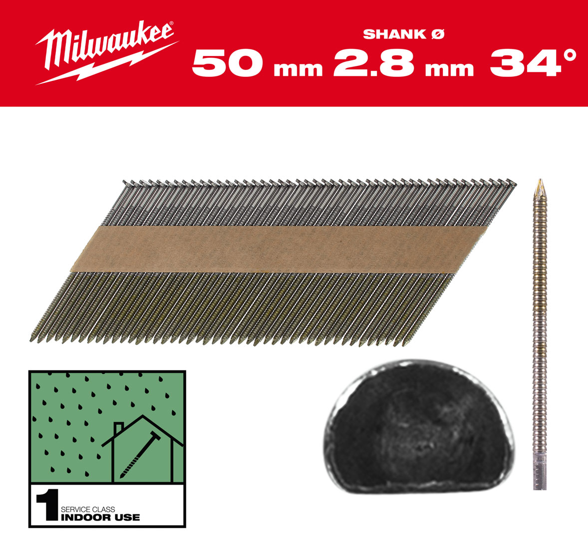 Gwoździe pierścieniowe Milwaukee długość 50mm, kąt 34°, głowa typu D 2200 szt. do gwoździarki M18 FFN 4932492599