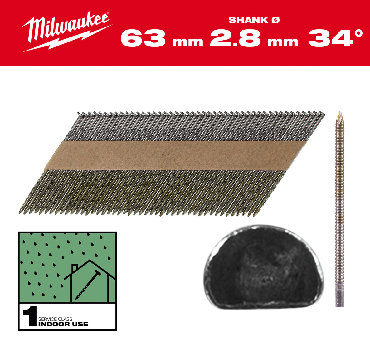 Gwoździe pierścieniowe Milwaukee długość 63mm, kąt 34°, głowa typu D 2200 szt. do gwoździarki M18 FFN 4932492600