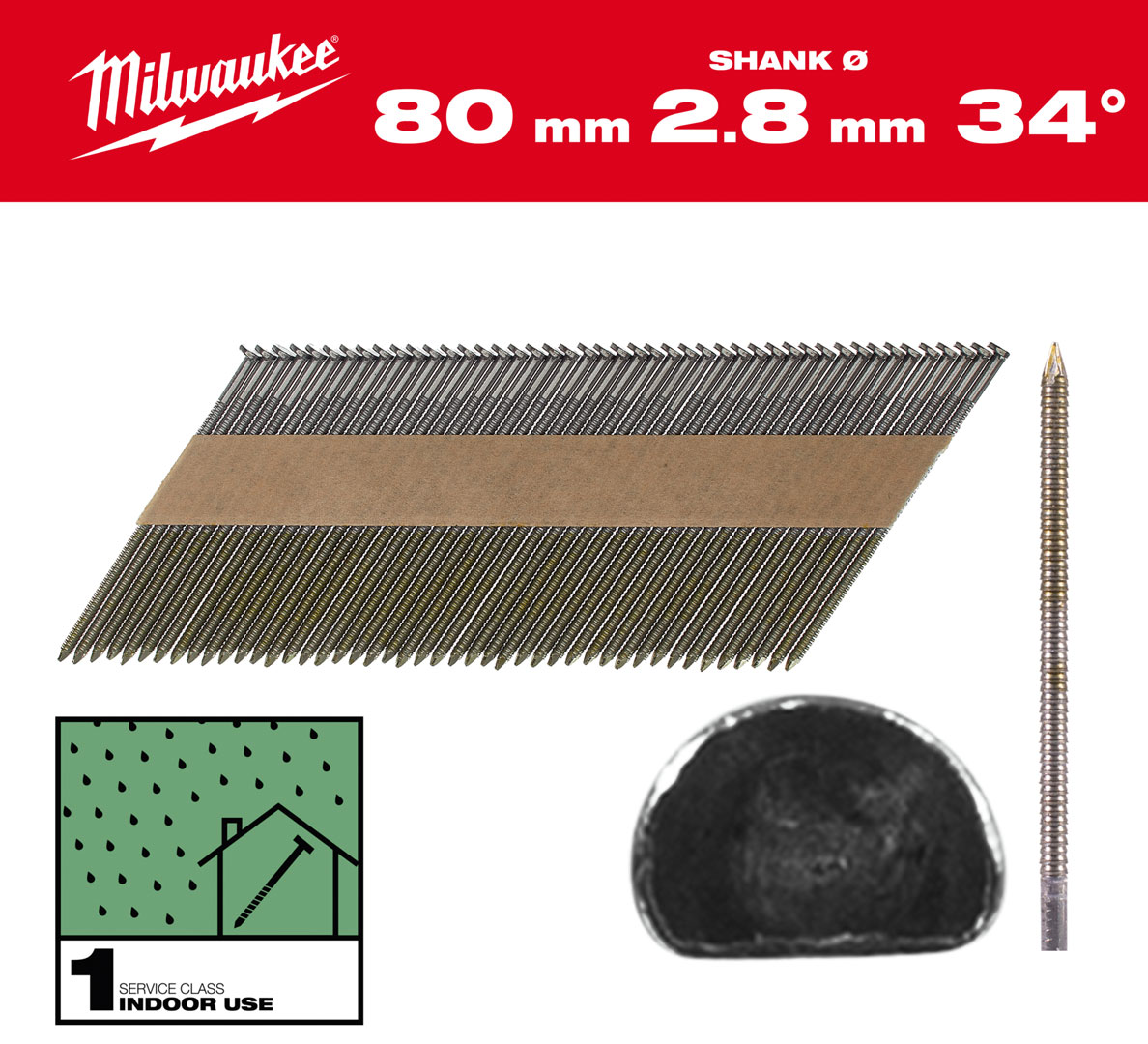 Gwoździe pierścieniowe Milwaukee długość 80mm, kąt 34°, głowa typu D 2200 szt. do gwoździarki M18 FFN 4932492603