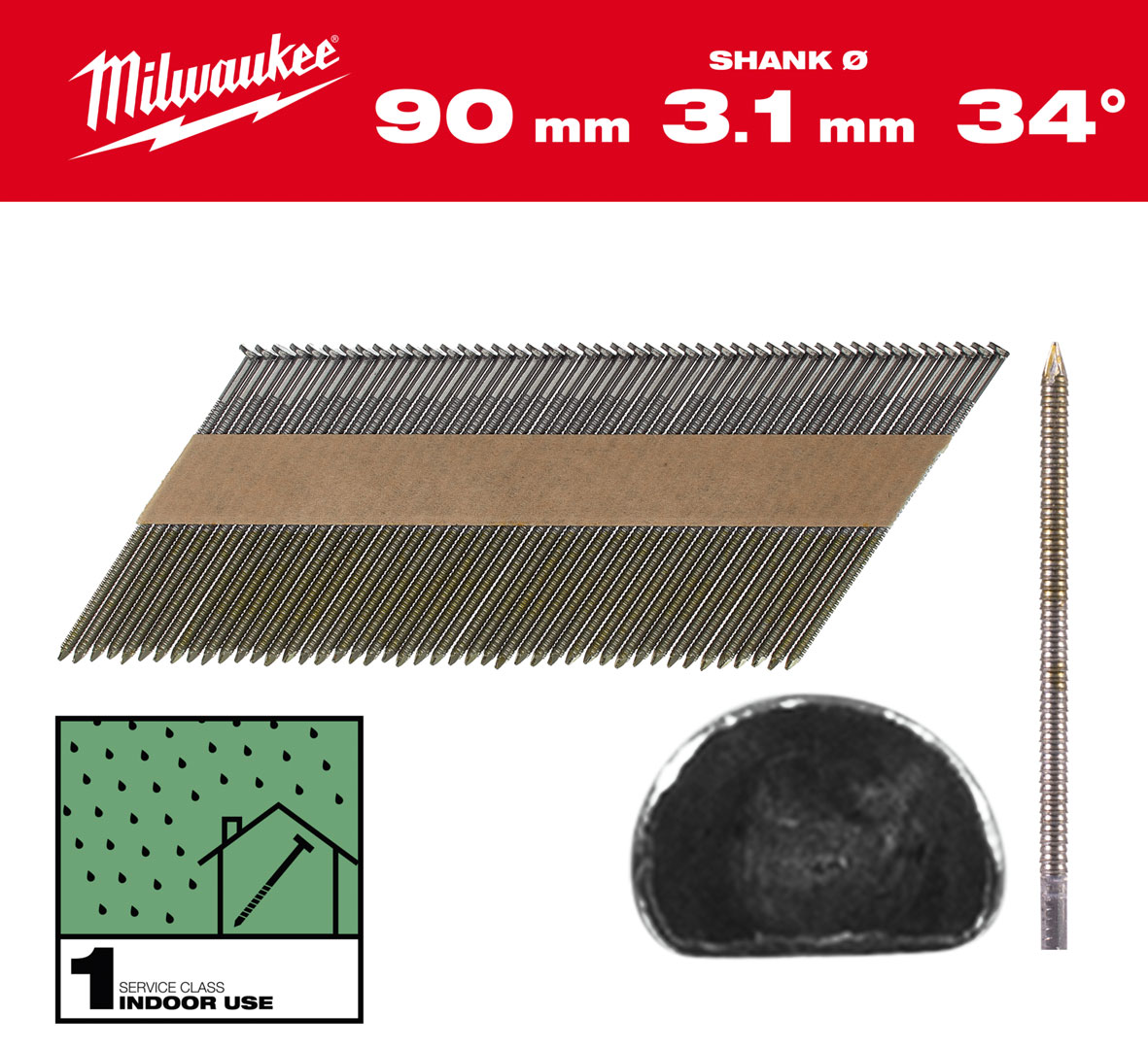 Gwoździe pierścieniowe Milwaukee długość 90mm, kąt 34°, głowa typu D 2200 szt. do gwoździarki M18 FFN 4932492604