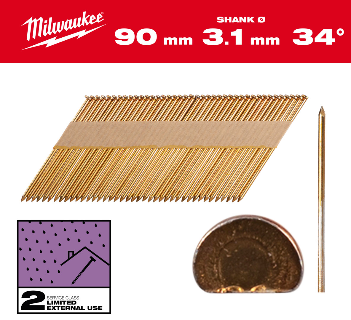 Gwoździe pierścieniowe Milwaukee długość 90mm, kąt 34°, głowa typu D 2200 szt. do gwoździarki M18 FFN 4932492605