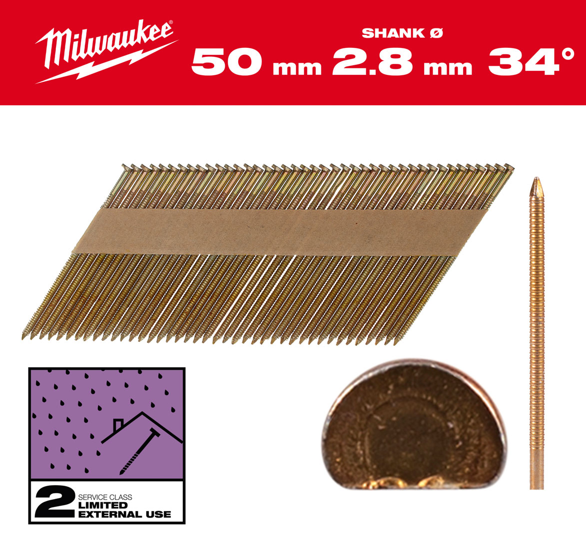 Gwoździe pierścieniowe Milwaukee długość 50mm, kąt 34°, głowa typu D 2200 szt. do gwoździarki M18 FFN 4932492606