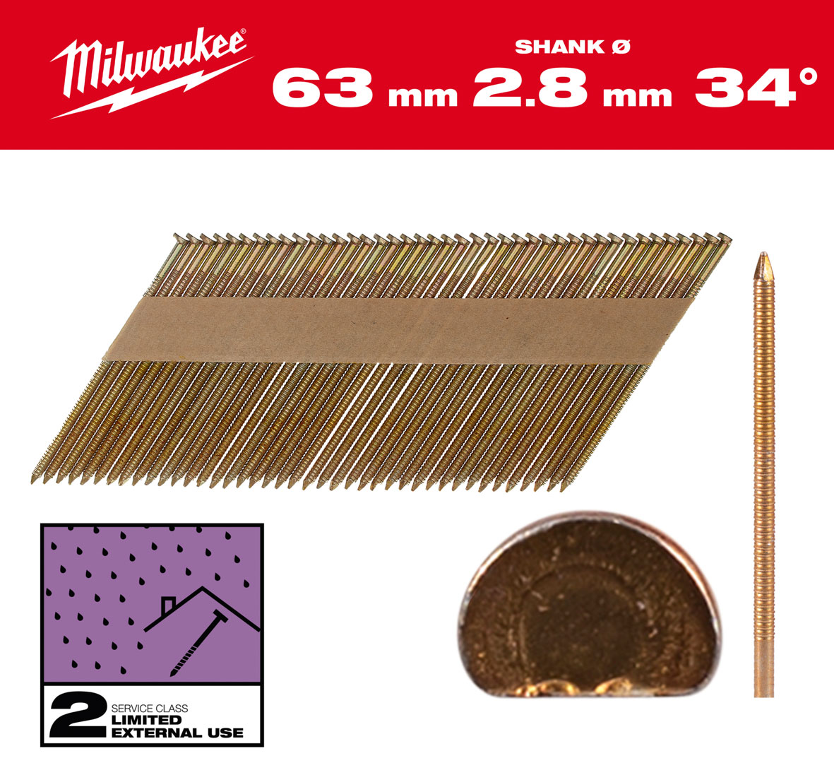 Gwoździe pierścieniowe Milwaukee długość 63mm, kąt 34°, głowa typu D 2200 szt. do gwoździarki M18 FFN 4932492607