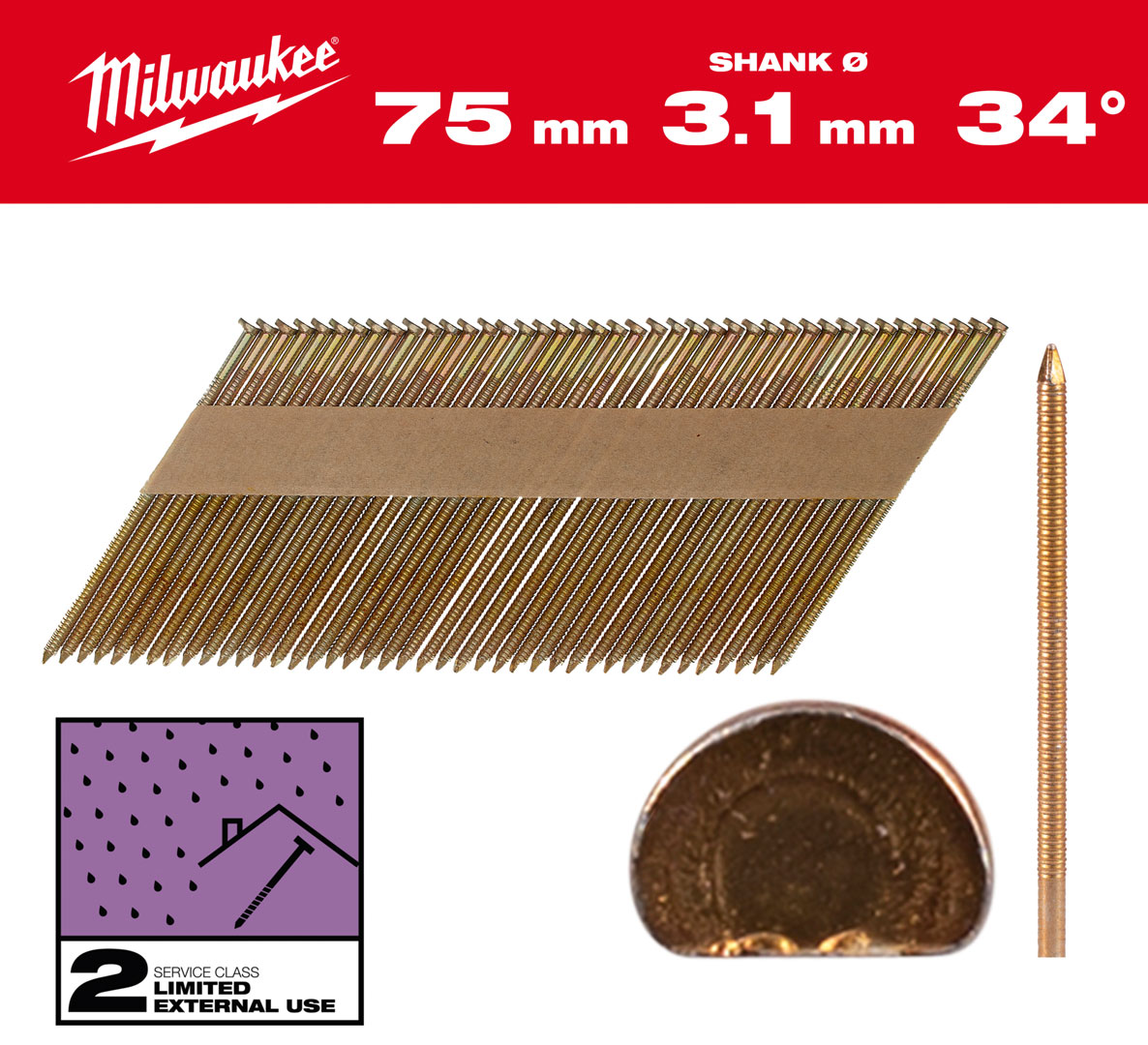 Gwoździe pierścieniowe Milwaukee długość 75mm, kąt 34°, głowa typu D 2200 szt. do gwoździarki M18 FFN 4932492610
