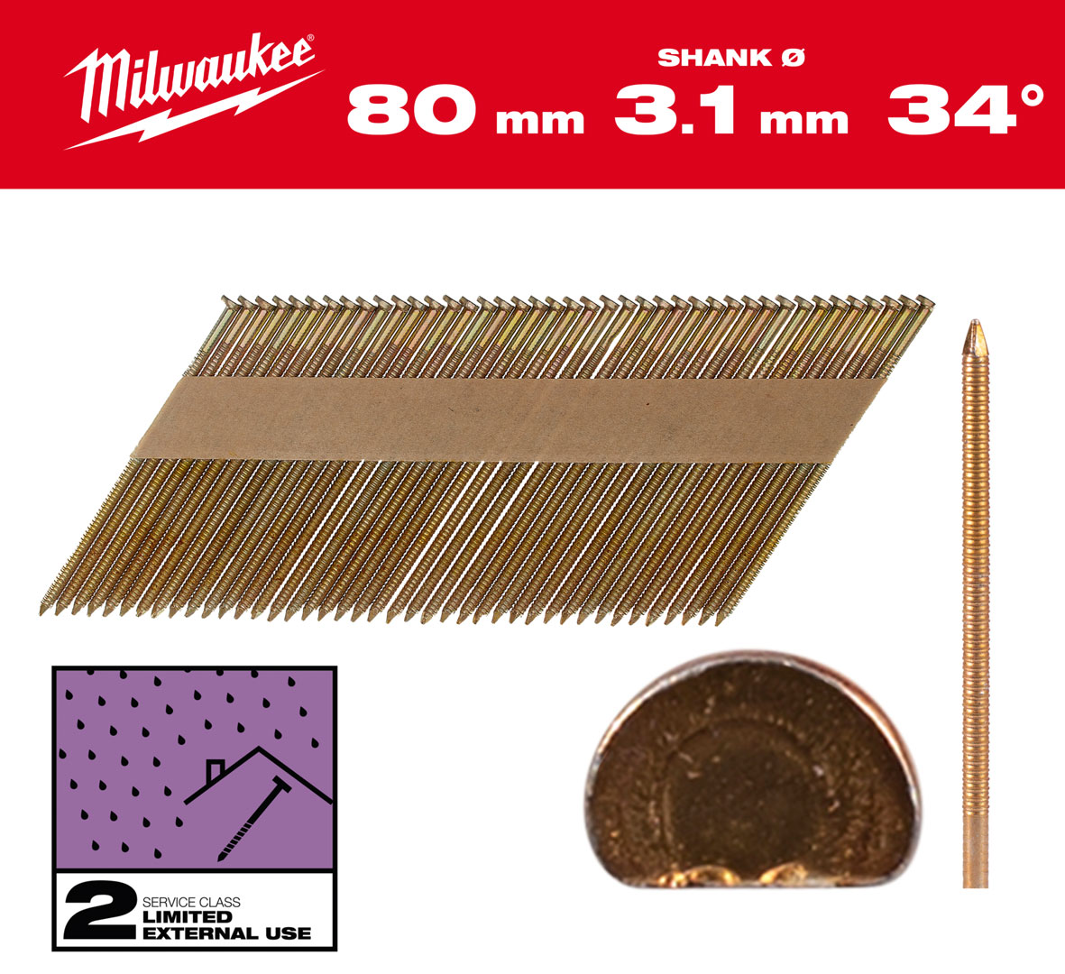 Gwoździe pierścieniowe Milwaukee długość 80mm, kąt 34°, głowa typu D 2200 szt. do gwoździarki M18 FFN 4932492611