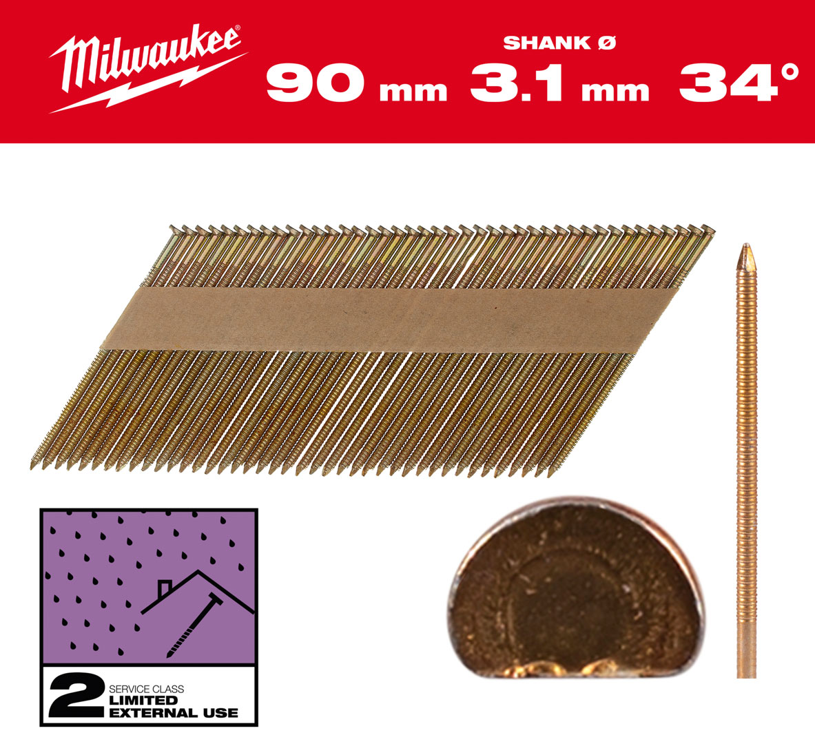 Gwoździe pierścieniowe Milwaukee długość 90mm, kąt 34°, głowa typu D 2200 szt. do gwoździarki M18 FFN 4932492612