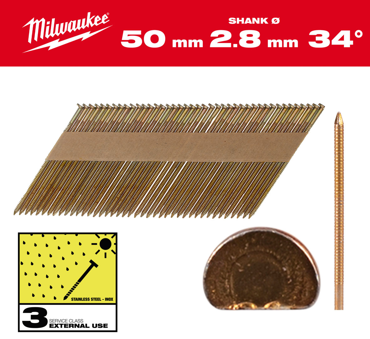 Gwoździe pierścieniowe Milwaukee długość 50mm, kąt 34°, głowa typu D 2200 szt. do gwoździarki M18 FFN 4932492613