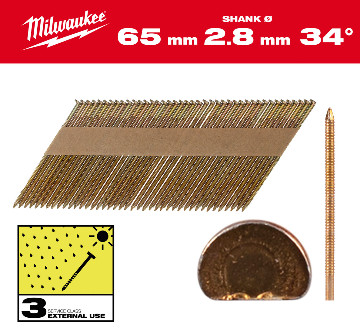 Gwoździe pierścieniowe Milwaukee długość 65mm, kąt 34°, głowa typu D 2200 szt. do gwoździarki M18 FFN 4932492614