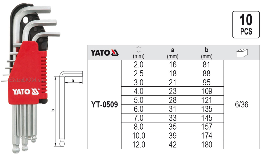 Klucze imbusowe Yato hex z kulką 10cz. 2-12mm Cr-V YT-0509